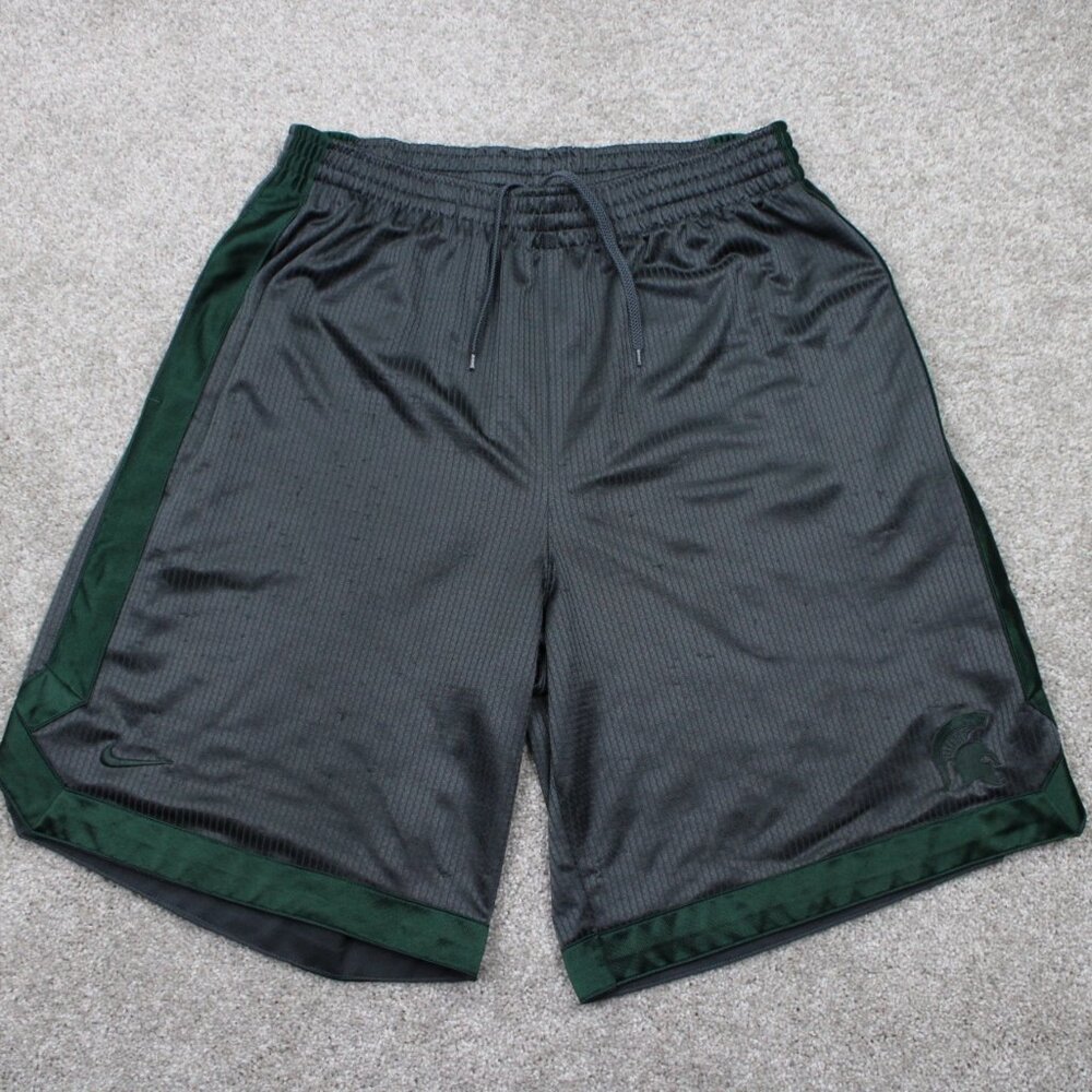 Nike Michigan State Shorts Mens Large Gray/Green Dri-Fit Polyester w/10"‎ inseam